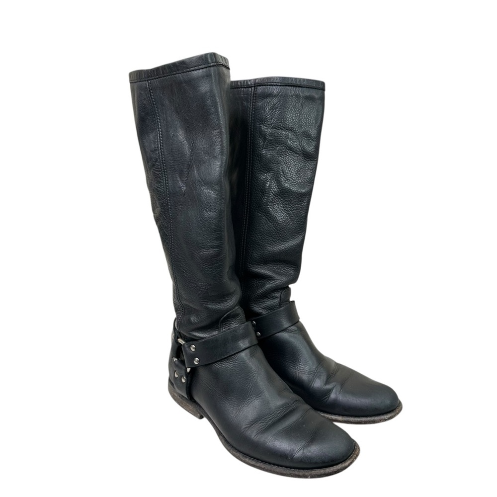 Frye Women’s Sz 7.5 B Phillip Harness Tall Black Leather Riding Boots Equestrian